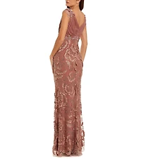 Mac Duggal Chiffon V-Neck Embroidered Gown