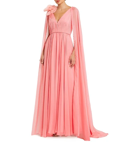 Mac Duggal Chiffon V Neck Shoulder Cape Gown