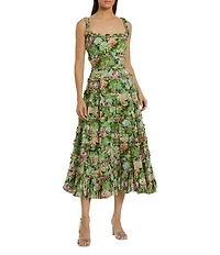 Mac Duggal Cotton Floral Print Square Neck Sleeveless Ruffle Trim A-Line Midi Dress