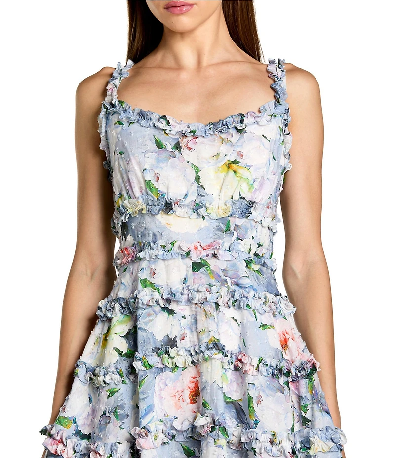 Mac Duggal Cotton Floral Print Square Neck Sleeveless Ruffle Trim A-Line Mini Dress