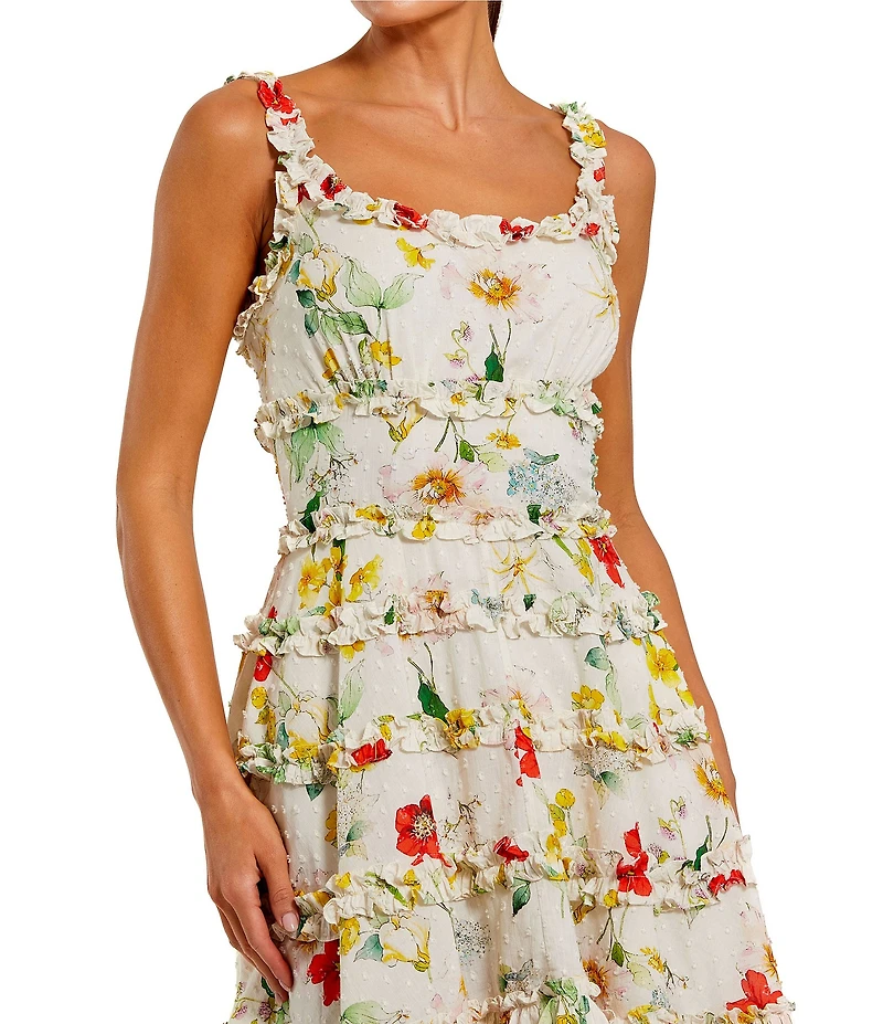 Mac Duggal Cotton Floral Print Square Neck Sleeveless Ruffle Trim A-Line Mini Dress