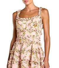 Mac Duggal Cotton Floral Print Square Neck Sleeveless Ruffle Trim A-Line Mini Dress