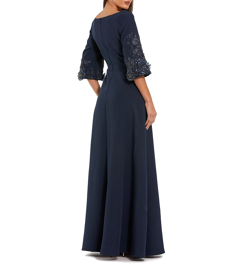 Mac Duggal Crepe 3/4 Floral Embellished Sleeves Scoop Neck A-Line Gown