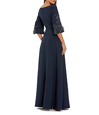 Mac Duggal Crepe 3/4 Floral Embellished Sleeves Scoop Neck A-Line Gown