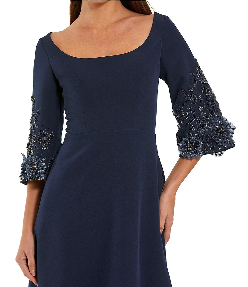 Mac Duggal Crepe 3/4 Floral Embellished Sleeves Scoop Neck A-Line Gown