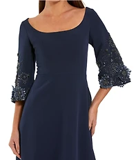 Mac Duggal Crepe 3/4 Floral Embellished Sleeves Scoop Neck A-Line Gown