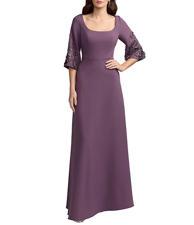 Mac Duggal Crepe 3/4 Floral Embellished Sleeves Scoop Neck A-Line Gown