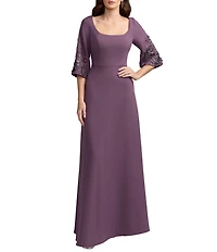 Mac Duggal Crepe 3/4 Floral Embellished Sleeves Scoop Neck A-Line Gown