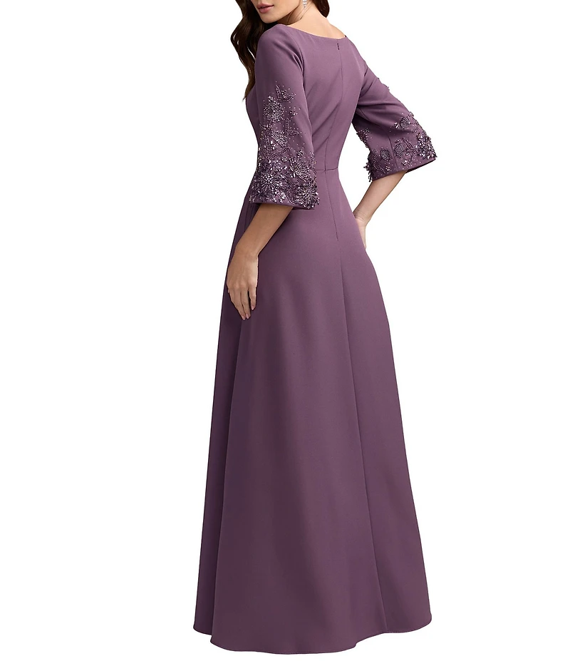 Mac Duggal Crepe 3/4 Floral Embellished Sleeves Scoop Neck A-Line Gown