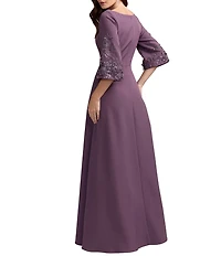 Mac Duggal Crepe 3/4 Floral Embellished Sleeves Scoop Neck A-Line Gown