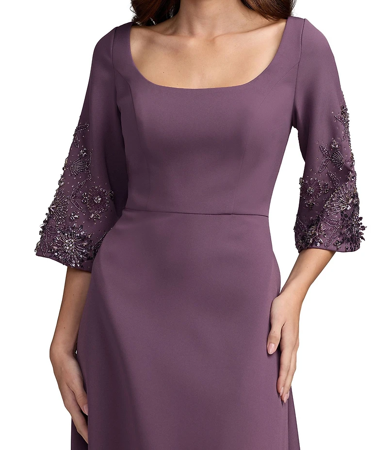 Mac Duggal Crepe 3/4 Floral Embellished Sleeves Scoop Neck A-Line Gown