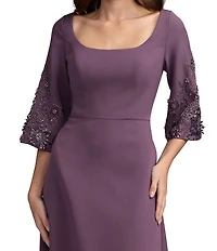 Mac Duggal Crepe 3/4 Floral Embellished Sleeves Scoop Neck A-Line Gown