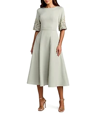 Mac Duggal Crepe A Line Midi Dress With Beaded Sleeves