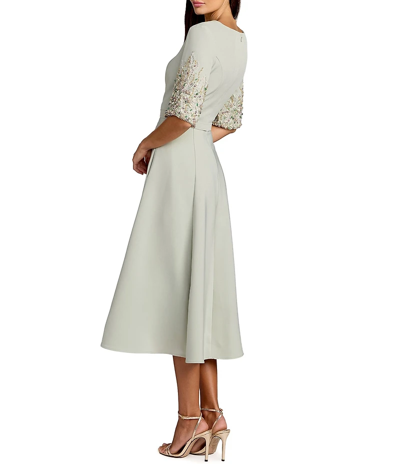 Mac Duggal Crepe A Line Midi Dress With Beaded Sleeves