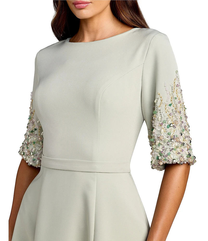 Mac Duggal Crepe A Line Midi Dress With Beaded Sleeves