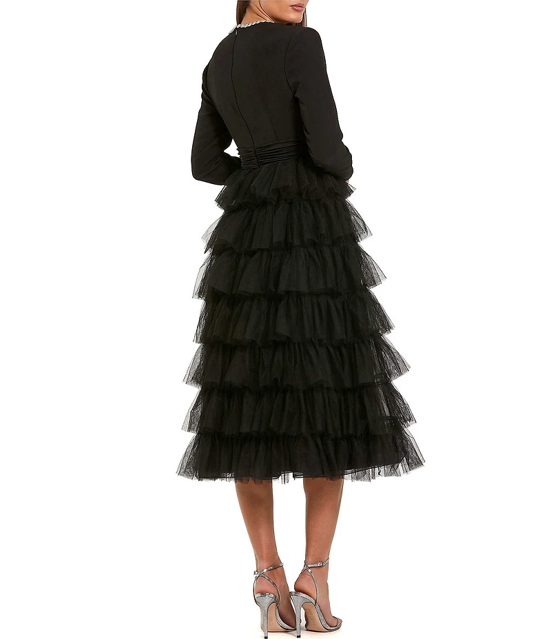 Mac Duggal Crepe And Tulle Long Sleeve Midi Dress
