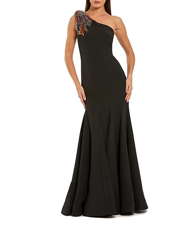 Mac Duggal Crepe Beaded Embellished One Shoulder Mermaid Gown