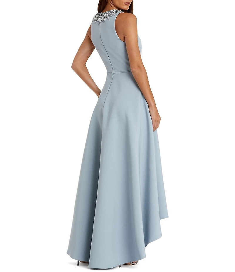 Mac Duggal Crepe Beaded High Neck Sleeveless High-Low Ball Gown