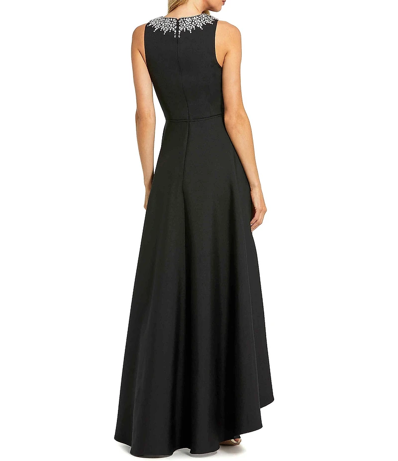 Mac Duggal Crepe Beaded High Neck Sleeveless High-Low Ball Gown