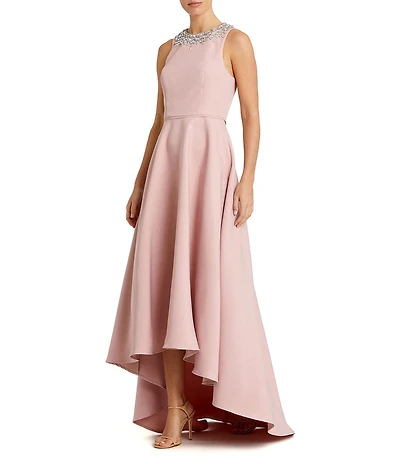 Mac Duggal Crepe Beaded High Neck Sleeveless High-Low Ball Gown