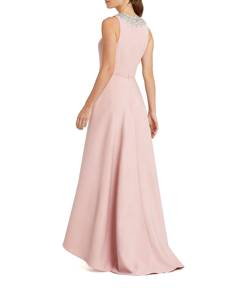 Mac Duggal Crepe Beaded High Neck Sleeveless High-Low Ball Gown