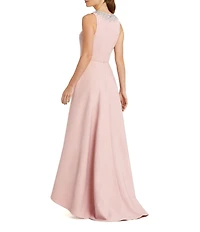 Mac Duggal Crepe Beaded High Neck Sleeveless High-Low Ball Gown