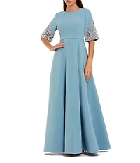 Mac Duggal Crepe Crew Neck 3/4 Embellished Sleeve A-Line Gown