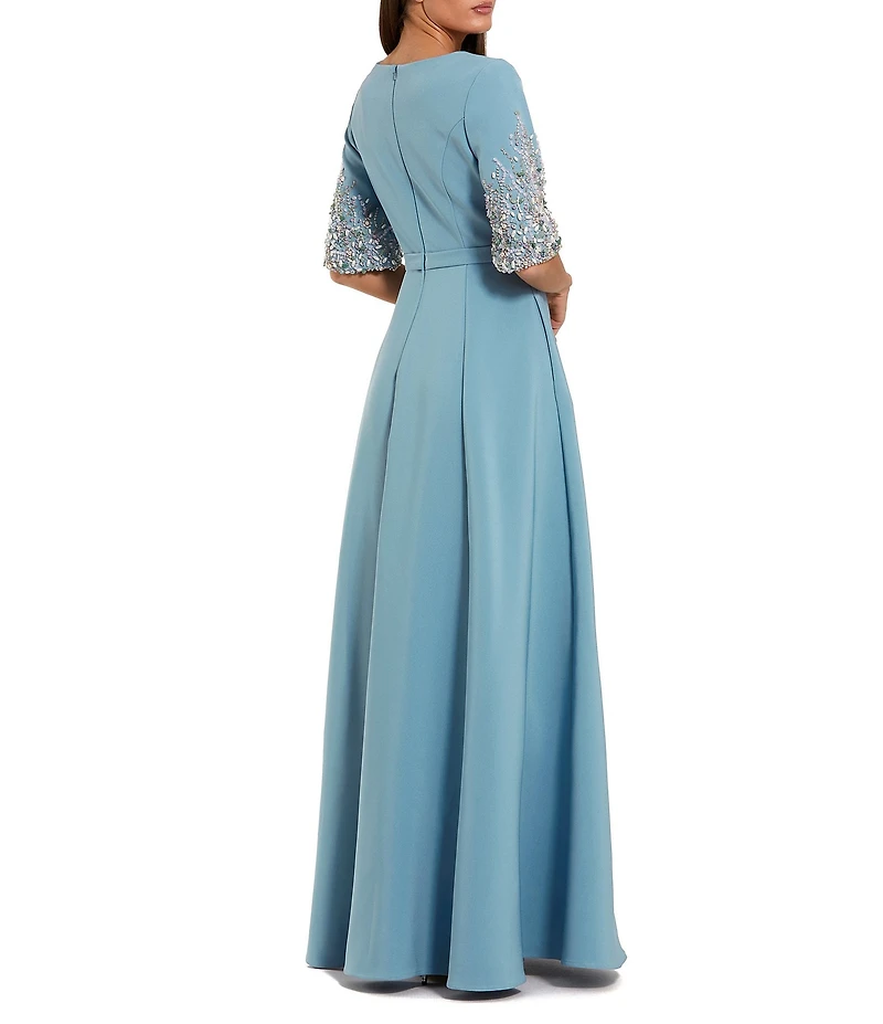 Mac Duggal Crepe Crew Neck 3/4 Embellished Sleeve A-Line Gown