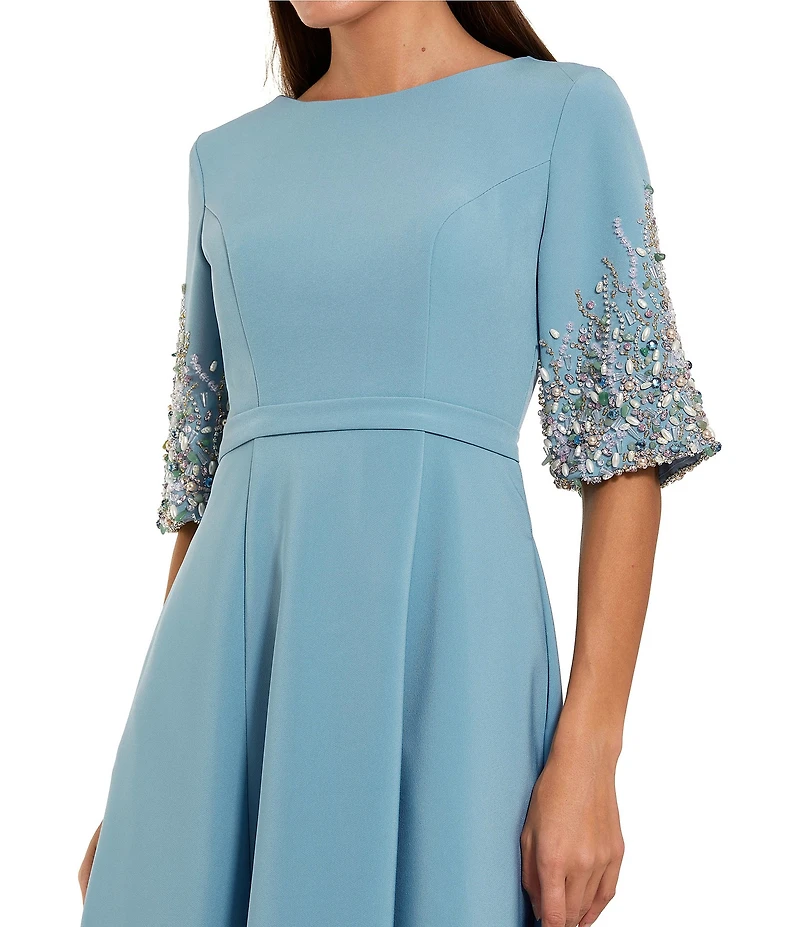 Mac Duggal Crepe Crew Neck 3/4 Embellished Sleeve A-Line Gown