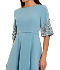 Mac Duggal Crepe Crew Neck 3/4 Embellished Sleeve A-Line Gown