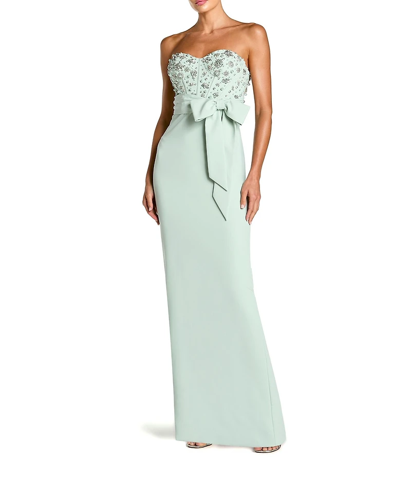 Mac Duggal Crepe Embellished Bustier Bow Strapless Long Gown