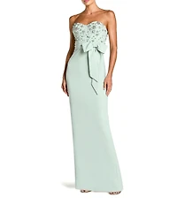 Mac Duggal Crepe Embellished Bustier Bow Strapless Long Gown