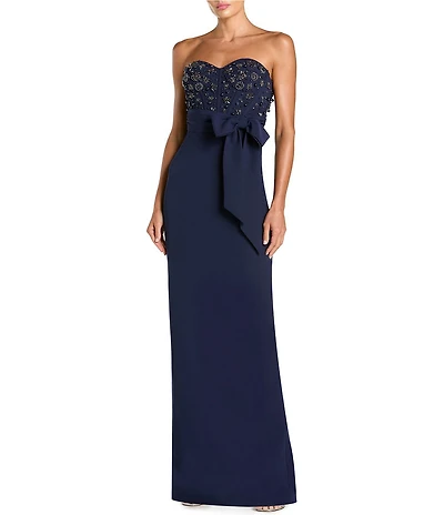 Mac Duggal Crepe Embellished Bustier Bow Strapless Long Gown