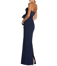 Mac Duggal Crepe Embellished Bustier Bow Strapless Long Gown