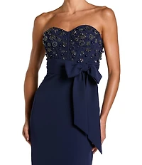 Mac Duggal Crepe Embellished Bustier Bow Strapless Long Gown
