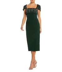 Mac Duggal Crepe Embellished Cap Sleeve Fitted Midi Dress
