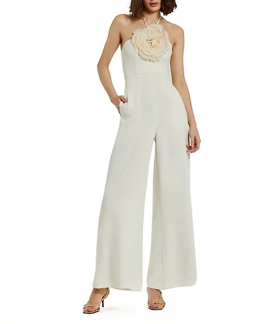 Mac Duggal Crepe Halter Neck With Flower Wide-Leg Jumpsuit