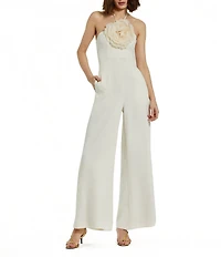 Mac Duggal Crepe Halter Neck With Flower Wide-Leg Jumpsuit