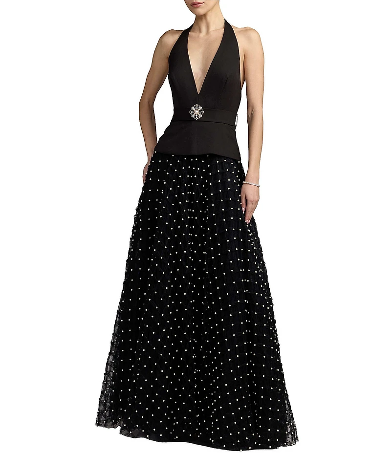 Mac Duggal Crepe Halter Top With Tulle Pearl Skirt Gown