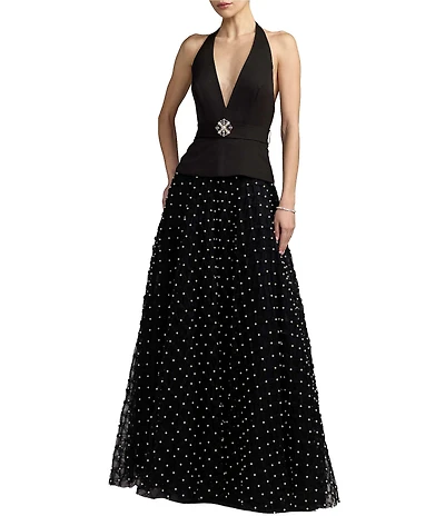 Mac Duggal Crepe Halter Top With Tulle Pearl Skirt Gown