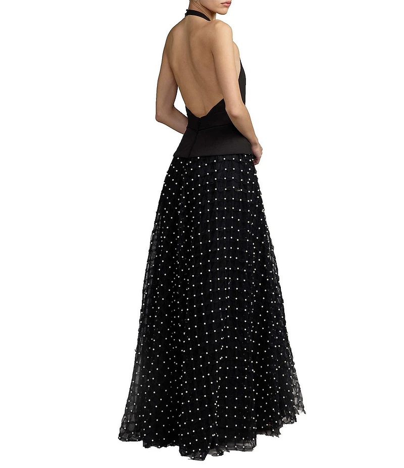 Mac Duggal Crepe Halter Top With Tulle Pearl Skirt Gown