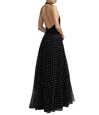 Mac Duggal Crepe Halter Top With Tulle Pearl Skirt Gown