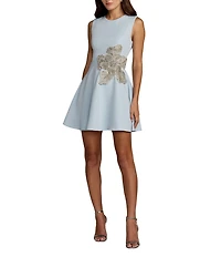 Mac Duggal Crepe High Neck Sleeveless Rhinestone Flower Mini Dress