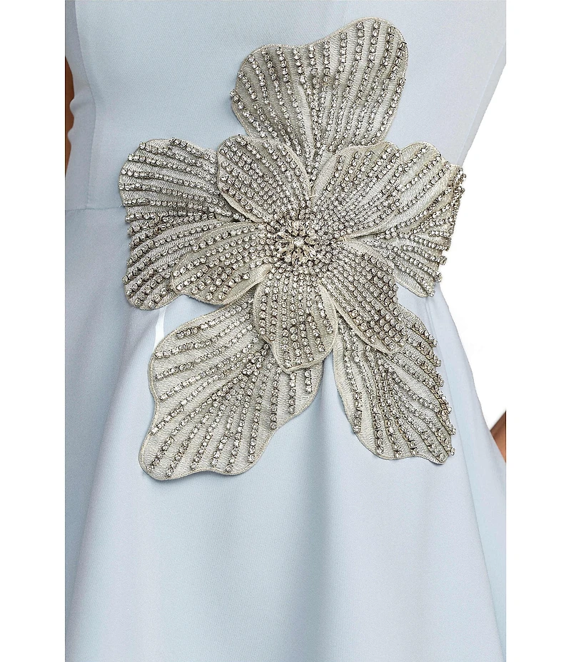 Mac Duggal Crepe High Neck Sleeveless Rhinestone Flower Mini Dress