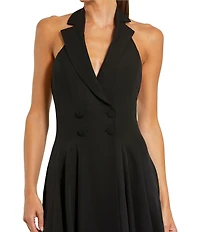 Mac Duggal Crepe Notch Lapel Halter Neck Sleeveless Button Front Blazer Dress