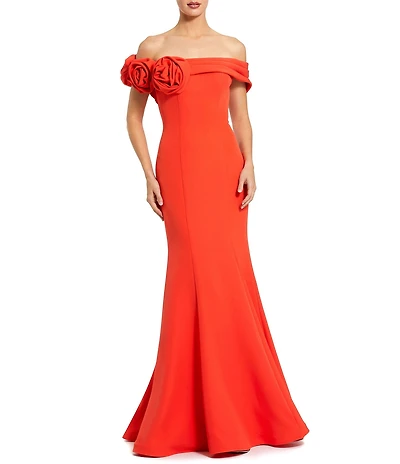 Mac Duggal Crepe Off-The-Shoulder 3D FLoral Mermaid Gown