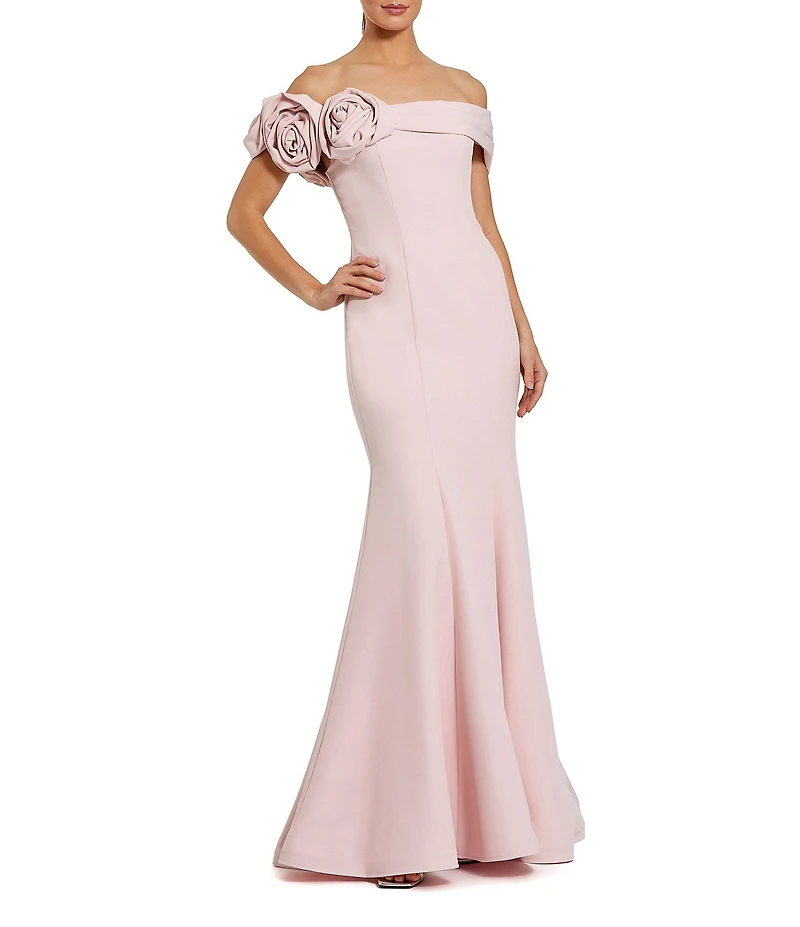 Mac Duggal Crepe Off-The-Shoulder 3D FLoral Mermaid Gown