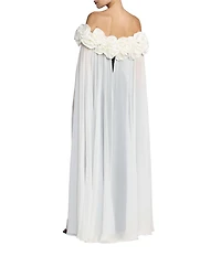 Mac Duggal Crepe Off The Shoulder Chiffon Cape Gown With Slit