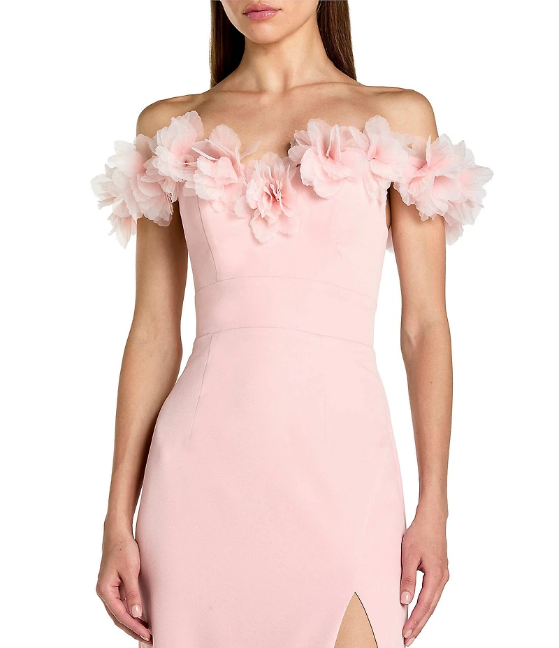 Mac Duggal Crepe Off The Shoulder Column Gown With 3D Flowers