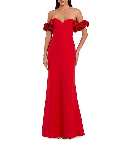Mac Duggal Crepe Off-The-Shoulder Neck Draped Sleeve 3D Flower Gown